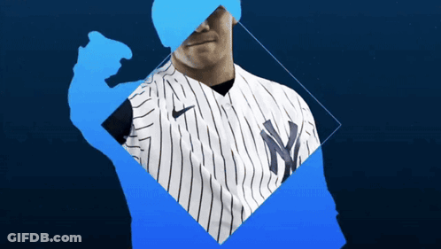 Man In NY Yankees Jersey On Blue Background GIF