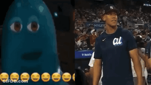 Man In NY Yankees Shirt In Front Of Crowd GIF