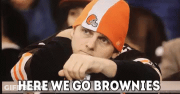 Man In Orange And White Hat Saying Here We Go Brownies GIF