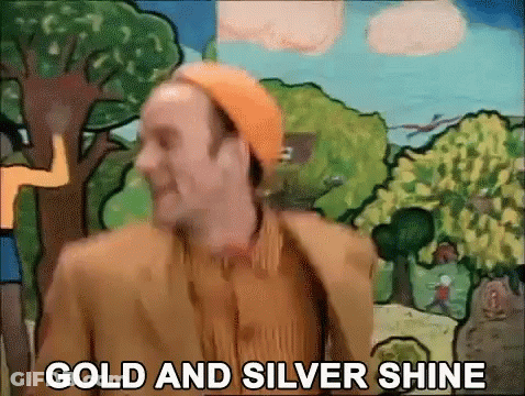 Man In Orange Hat Dancing In Front Of Painting Saying Gold And Silver Shine GIF