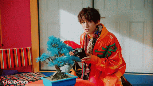Man In Orange Jacket Photographing Blue Tree GIF