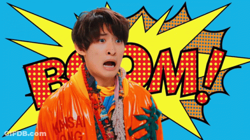 Man In Orange Jacket With Boom Speech Bubble GIF