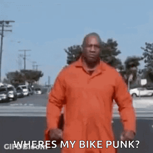 Man In Orange Jumpsuit Asking Where His Bike Punk Is GIF