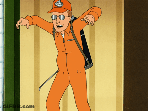 Man In Orange Jumpsuit With King Of The Hill Hat GIF