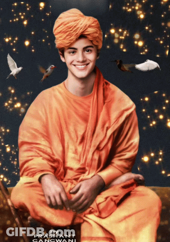 Man In Orange Robe And Turban With Birds GIF