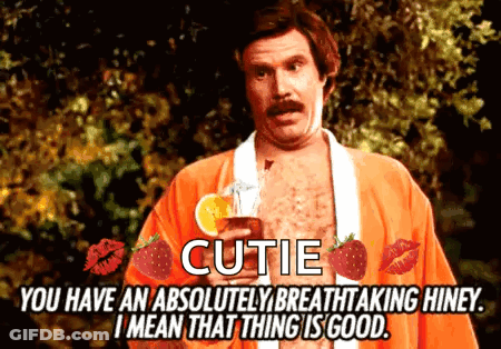 Man In Orange Robe Holding Drink Saying Cutie You Have An Absolutely Breathtaking Hiney GIF