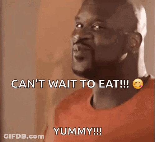Man In Orange Shirt Saying Can't Wait To Eat GIF