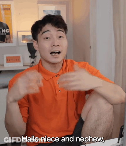 Man In Orange Shirt Saying Hallo Niece And Nephew GIF