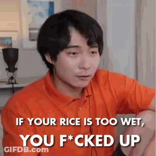 Man In Orange Shirt Saying If Your Rice Is Too Wet You F Up GIF