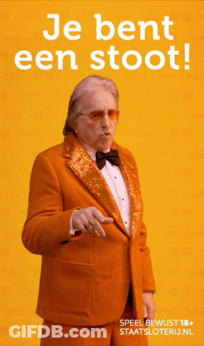Man In Orange Suit And Bow Tie Saying Je Bent Een Stoot GIF