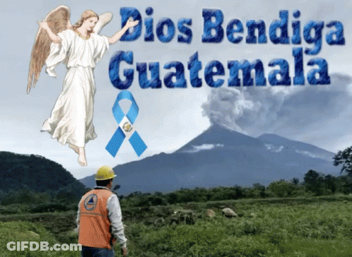 Man In Orange Vest Before Mountain Saying Dios Bendiga Guatemala GIF