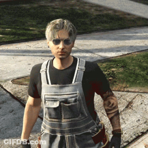 Man In Overalls And Sunglasses On Sidewalk GIF