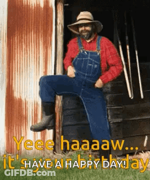 Man In Overalls Sitting On Wooden Post GIF
