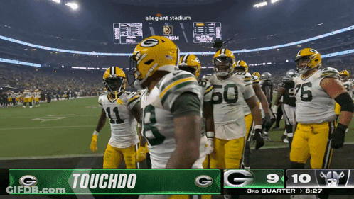 Man In Packers Jersey Arms Outstretched Saying Packers Win GIF