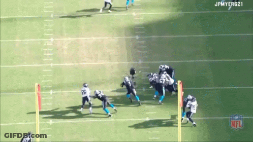Man In Panthers Jersey Smiling At Bank Of America Stadium GIF