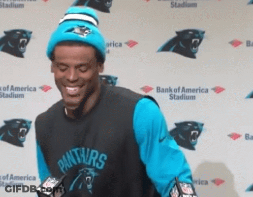 Man In Panthers Jersey Smiling At Bank Of America Stadium GIF
