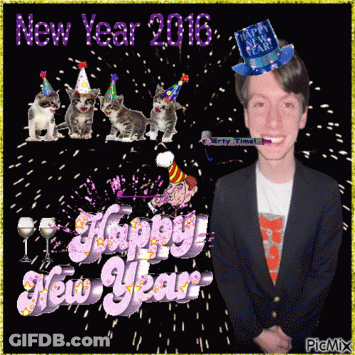 Man In Party Hat And Blue Hat Saying Happy New Year GIF
