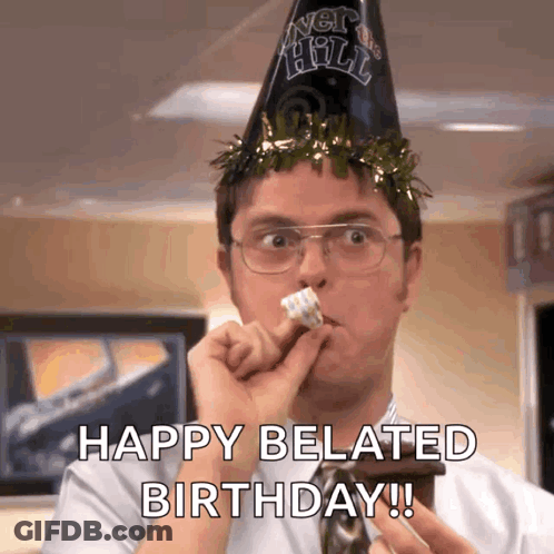 Man In Party Hat Eating Cake Happy Belated Birthday GIF