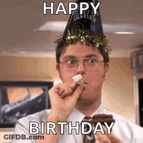 Man In Party Hat Eating Cake Happy Birthday GIF