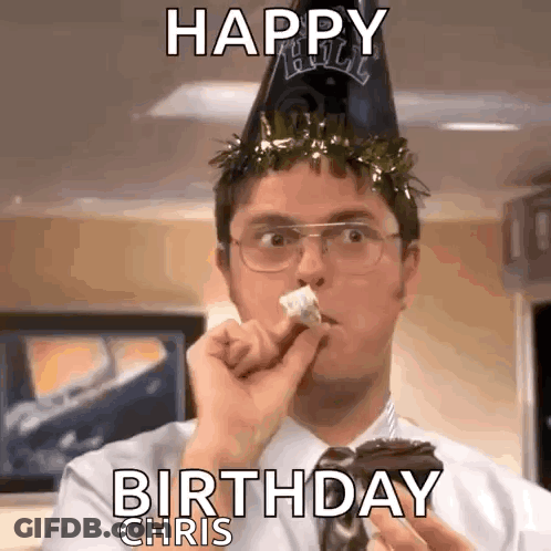 Man In Party Hat Eating Cake Saying Happy Birthday Chris GIF