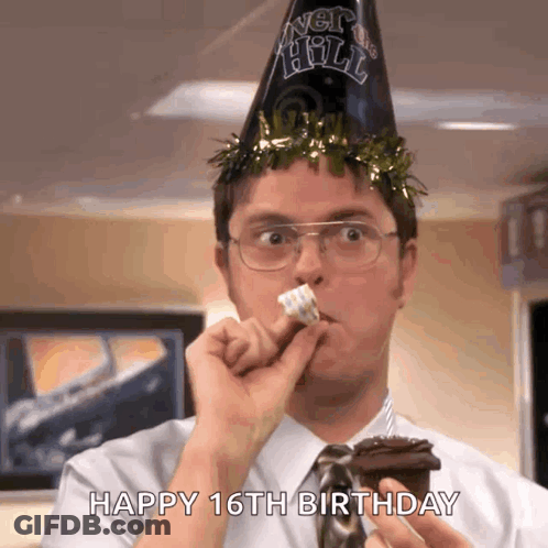 Man In Party Hat Eating Cake Wishing Happy 16Th Birthday GIF