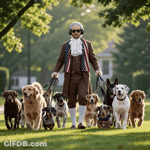 Man In Patriotic Outfit Walking Dogs GIF