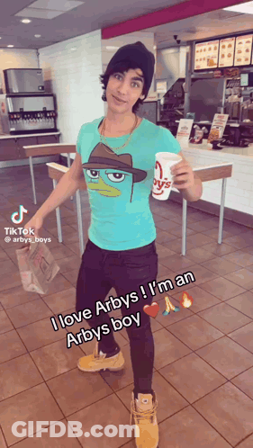 Man In Perry The Platypus Shirt Holding Arby's Cup GIF