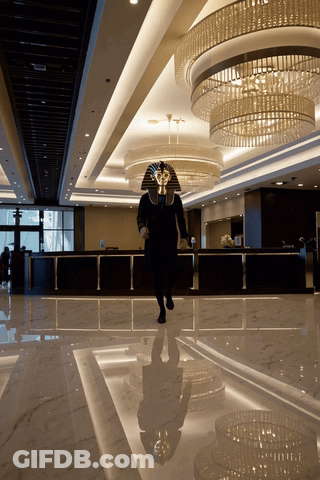 Man In Pharaoh Mask Walking In Lobby GIF