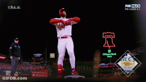 Man In Phillies Jersey Standing On Base GIF