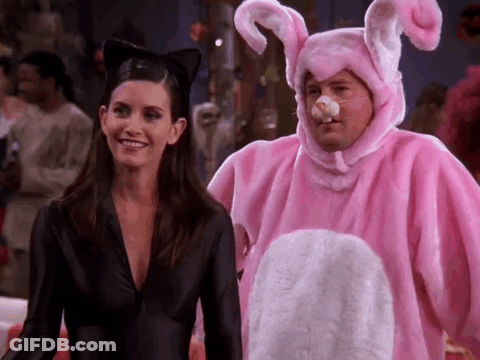 Man In Pink Bunny Costume And Woman In Cat Costume GIF