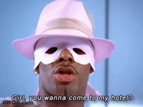 Man In Pink Hat And Mask Says Girl You Wanna Come To My Hotel GIF