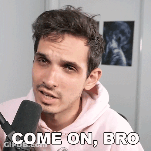 Man In Pink Hoodie In Front Of Microphone With Text Come On Bro GIF