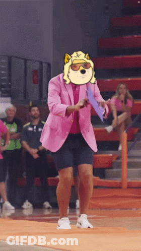 Man In Pink Jacket Dancing With Dog On Head GIF