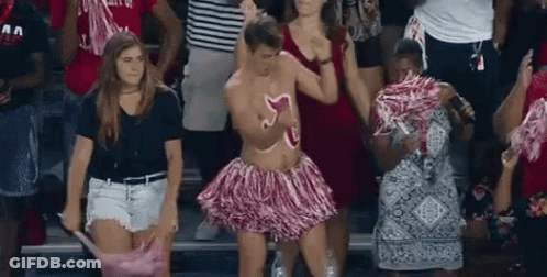 Man In Pink Pom Pom Skirt Dancing At Football Game GIF