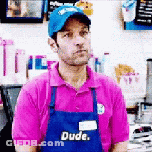 Man In Pink Shirt And Blue Apron Saying Dude GIF