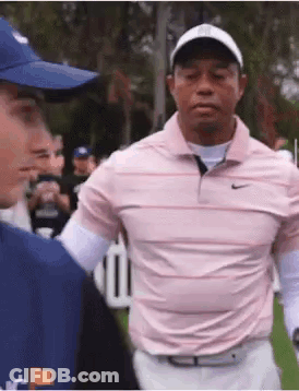 Man In Pink Shirt And White Pants Beside Man In Blue Hat GIF