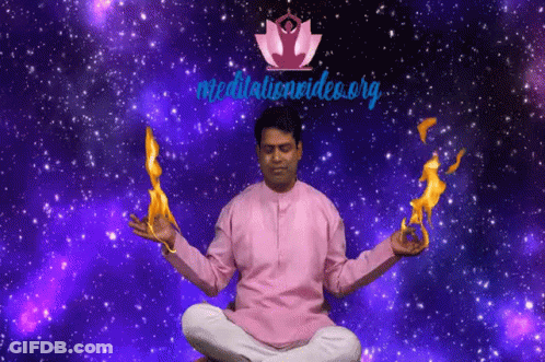Man In Pink Shirt Lotus Position With Flames Meditationvideos.org GIF