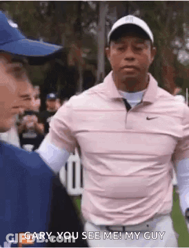 Man In Pink Shirt Next To Another Man On Golf Course GIF