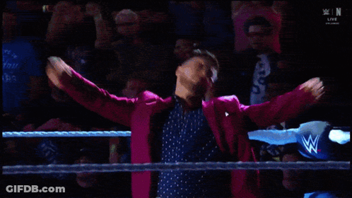 Man In Pink Suit Standing In Wrestling Ring GIF