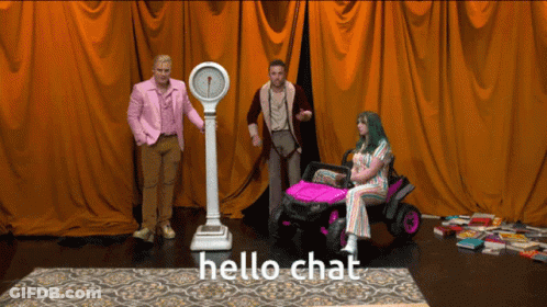 Man In Pink Suit Standing Next To Scale And Woman In Pink Car Saying Hello Chat GIF