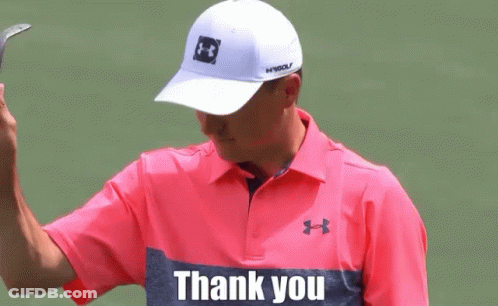 Man In Pink Under Armour Shirt Holding Golf Club Says Thank You GIF