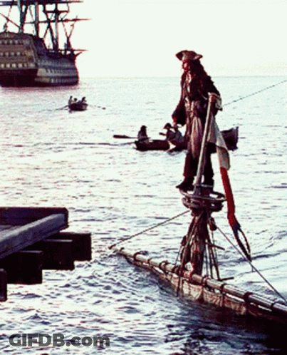 Man In Pirate Costume On Raft GIF
