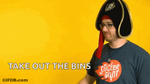 Man In Pirate Hat And Sticker Giant T-Shirt Says Take Out The Bins GIF