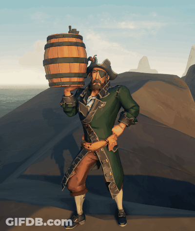 Man In Pirate Outfit Holding Barrel GIF
