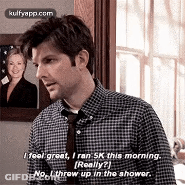 Man In Plaid Shirt And Tie Saying I Feel Great Ran 5K GIF