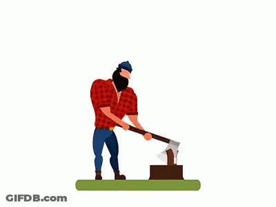 Man In Plaid Shirt Holding Axe Over Tree Stump GIF