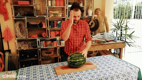 Man In Plaid Shirt Holding Head While Cutting Watermelon GIF