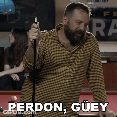 Man In Plaid Shirt Holding Pool Cue Saying Perdon Guey GIF