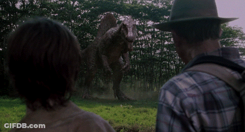 Man In Plaid Shirt Looking At Dinosaur GIF