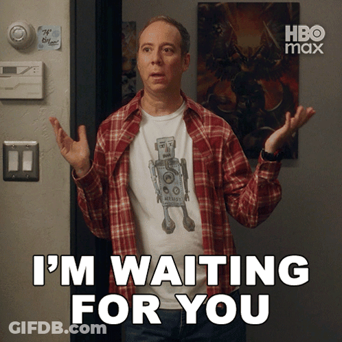 Man In Plaid Shirt Saying I'm Waiting For You Wearing Robot Shirt GIF